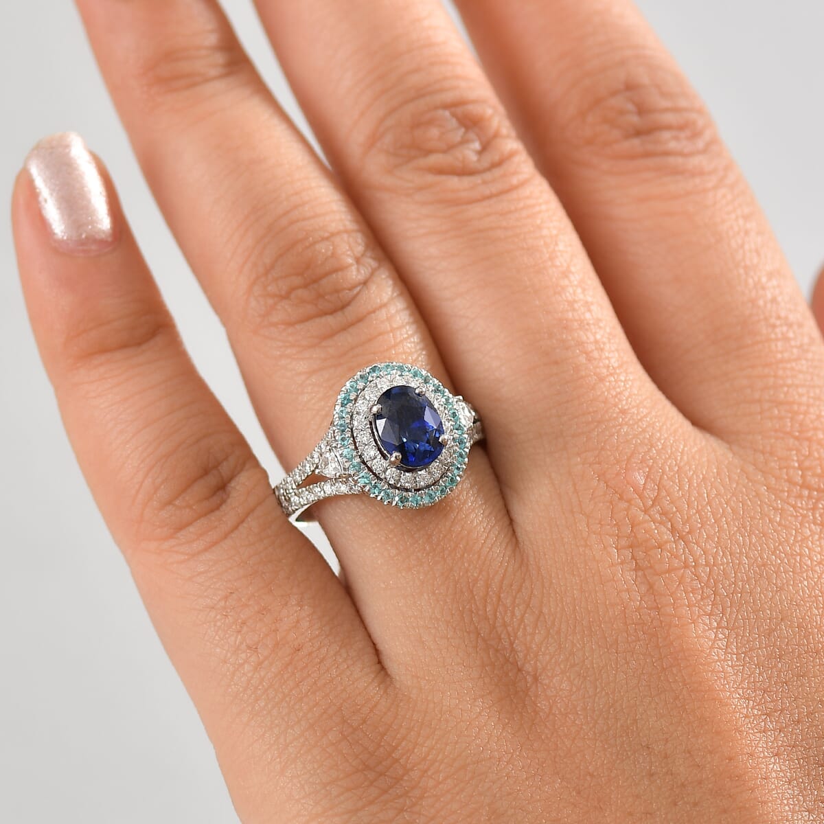 Certified & Appraised Rhapsody AAAA Ceylon Blue Sapphire, Paraiba Tourmaline and E-F VS Diamond 3.00 ctw Ring in 950 Platinum (Size 7.0) 9 Grams image number 2