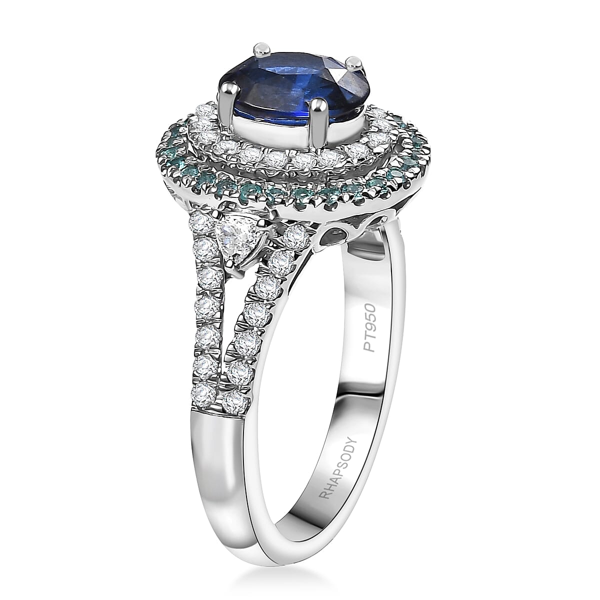 Certified & Appraised Rhapsody AAAA Ceylon Blue Sapphire, Paraiba Tourmaline and E-F VS Diamond 3.00 ctw Ring in 950 Platinum (Size 8.0) 9 Grams image number 3