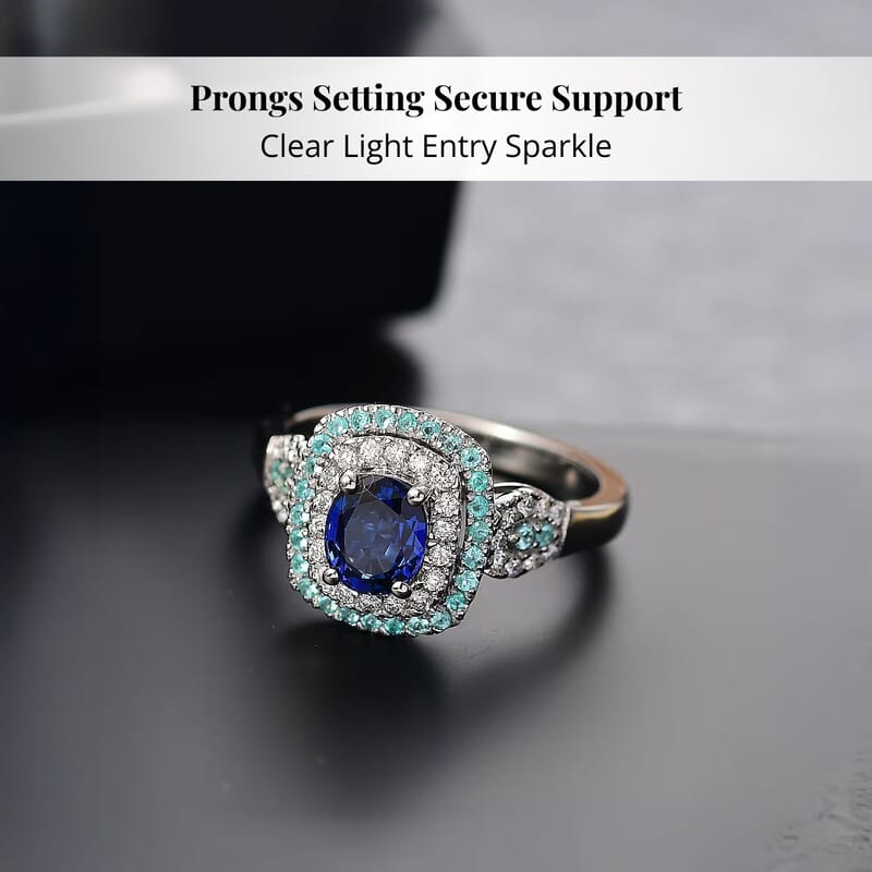 Certified & Appraised Rhapsody 950 Platinum AAAA Ceylon Blue Sapphire, Paraiba Tourmaline and Diamond (E-F, VS) (0.38 cts) Ring (Size 10.0) (8.50 g) 2.24 ctw