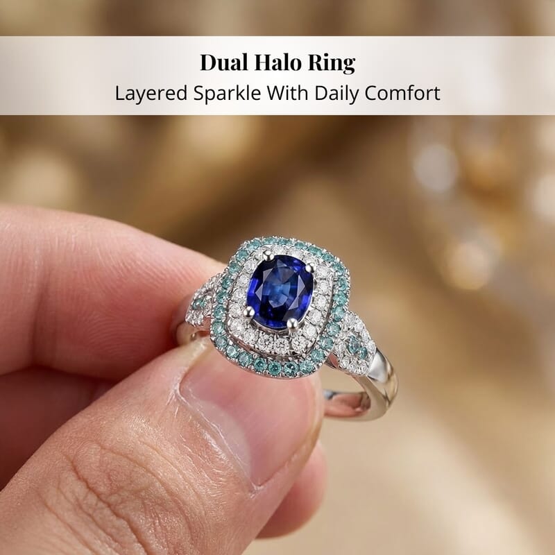 Certified & Appraised Rhapsody 950 Platinum AAAA Ceylon Blue Sapphire, Paraiba Tourmaline and Diamond (E-F, VS) (0.38 cts) Ring (Size 10.0) (8.50 g) 2.24 ctw