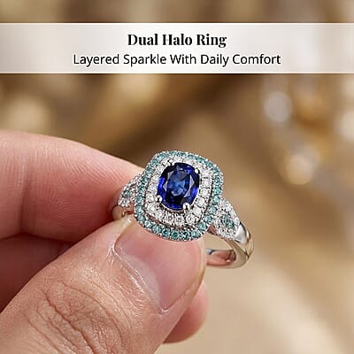Certified & Appraised Rhapsody 950 Platinum AAAA Ceylon Blue Sapphire, Paraiba Tourmaline and Diamond (E-F, VS) (0.38 cts) Ring (Size 12.0) (8.50 g) 2.24 ctw