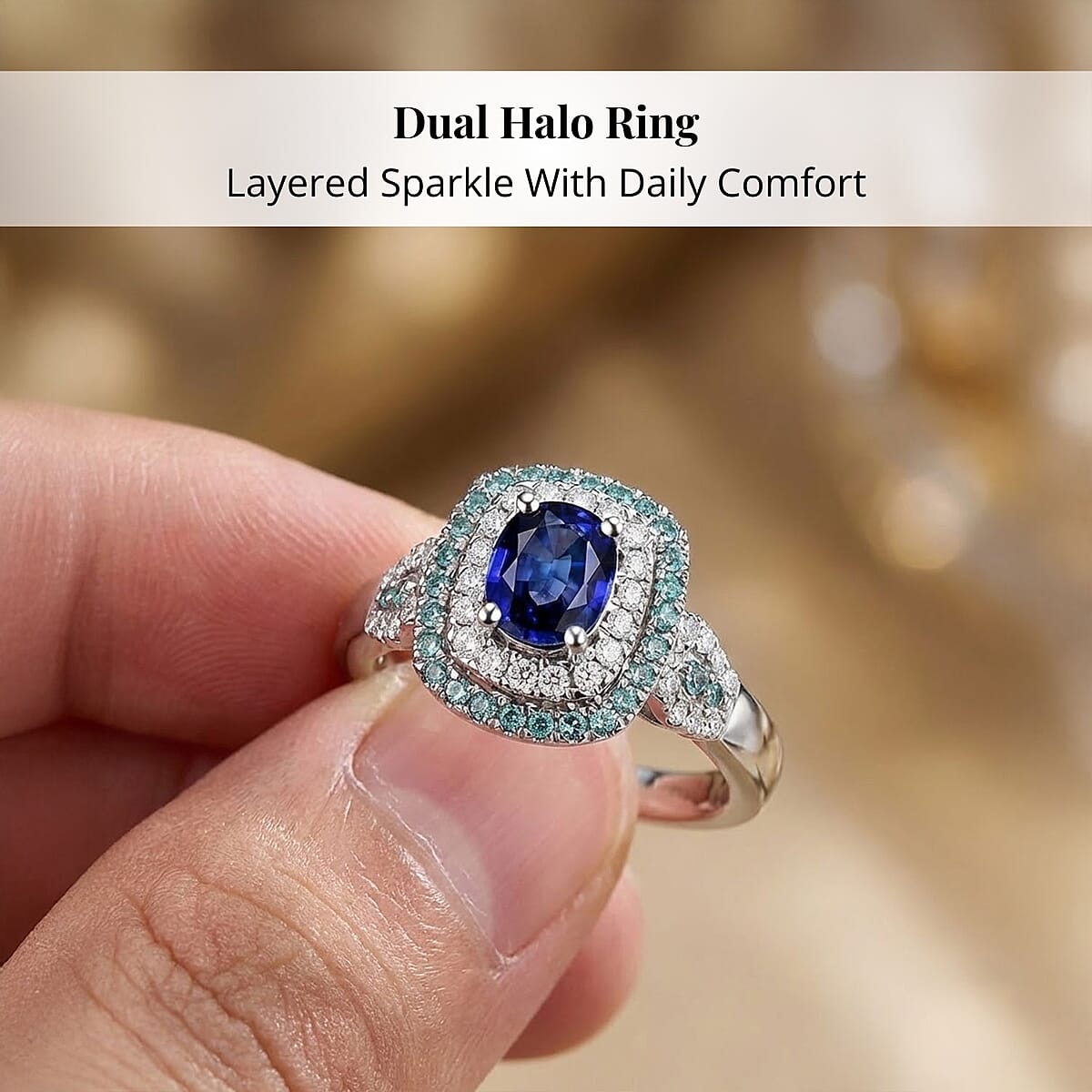 Certified & Appraised Rhapsody 950 Platinum AAAA Ceylon Blue Sapphire, Paraiba Tourmaline and Diamond (E-F, VS) (0.38 cts) Ring (Size 5.0) (8.50 g) 2.24 ctw image number 4