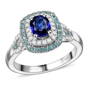Certified & Appraised Rhapsody AAAA Ceylon Blue Sapphire, Paraiba Tourmaline and E-F VS Diamond 2.24 ctw Ring in 950 Platinum (Size 6.0) 8.50 Grams