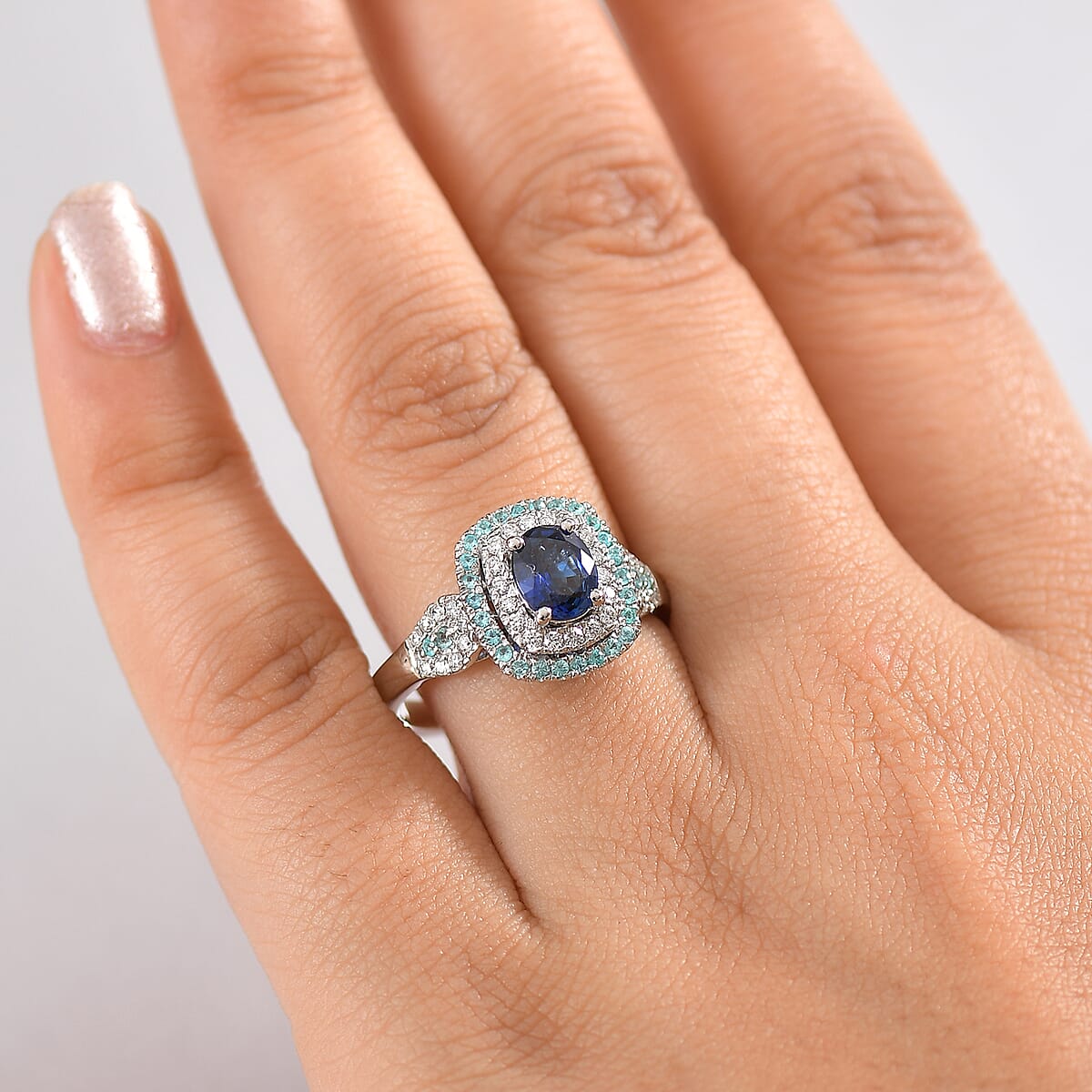 Certified & Appraised Rhapsody AAAA Ceylon Blue Sapphire, Paraiba Tourmaline and E-F VS Diamond 2.24 ctw Ring in 950 Platinum (Size 6.0) 8.50 Grams image number 2