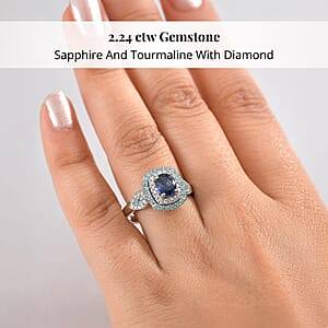 Certified & Appraised Rhapsody 950 Platinum AAAA Ceylon Blue Sapphire, Paraiba Tourmaline and Diamond (E-F, VS) (0.38 cts) Ring (Size 6.5) (8.50 g) 2.24 ctw