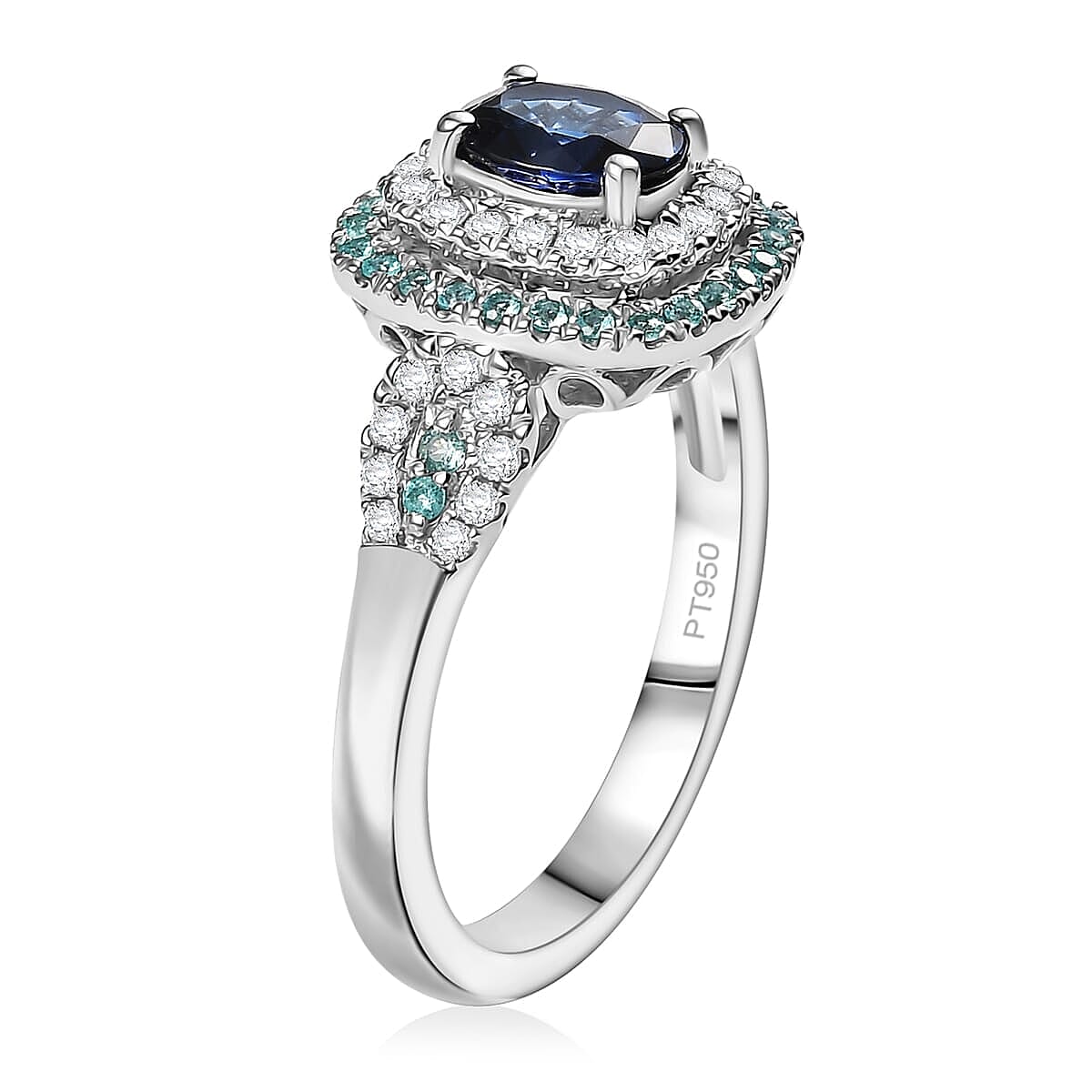 Certified & Appraised Rhapsody AAAA Ceylon Blue Sapphire, Paraiba Tourmaline and E-F VS Diamond 2.24 ctw Ring in 950 Platinum (Size 7.0) 8.50 Grams image number 3