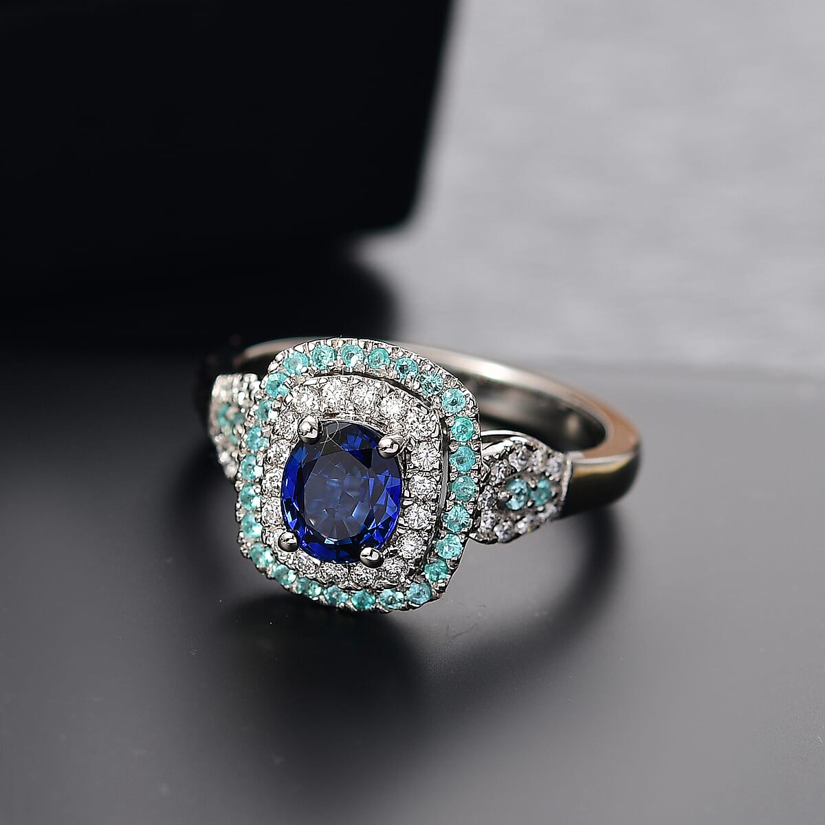 Rhapsody 950 Platinum AAAA Ceylon Blue Sapphire, Paraiba Tourmaline and Diamond (E-F, VS) (0.38 cts) Ring (Size 8.5) (8.50 g) 2.24 ctw image number 1