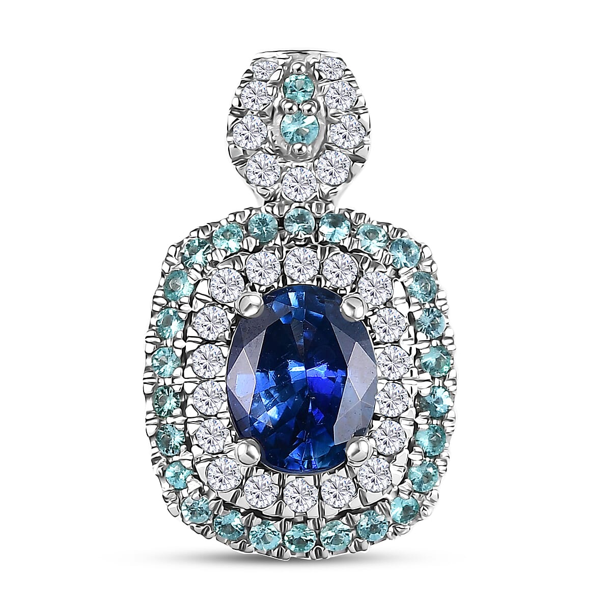 Certified & Appraised Rhapsody AAAA Ceylon Blue Sapphire, Paraiba Tourmaline and E-F VS Diamond 2.15 ctw Pendant in 950 Platinum
