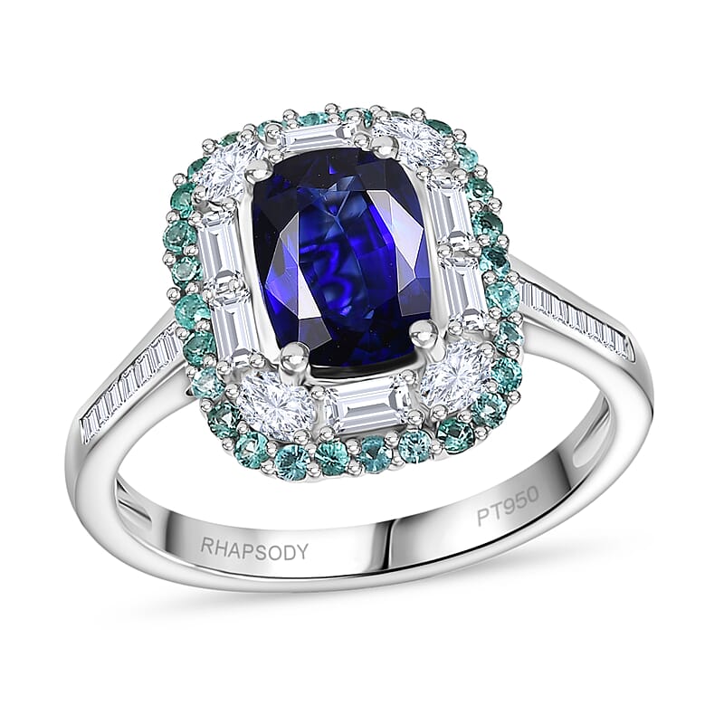 Rhapsody 950 Platinum AAAA Ceylon Blue Sapphire, Paraiba Tourmaline and Diamond (E-F, VS) (0.72 cts) Ring (Size 6.0) (6.80 g) 3.50 ctw