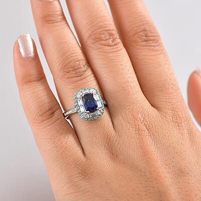 Rhapsody 950 Platinum AAAA Ceylon Blue Sapphire, Paraiba Tourmaline and Diamond (E-F, VS) (0.72 cts) Ring (Size 6.0) (6.80 g) 3.50 ctw