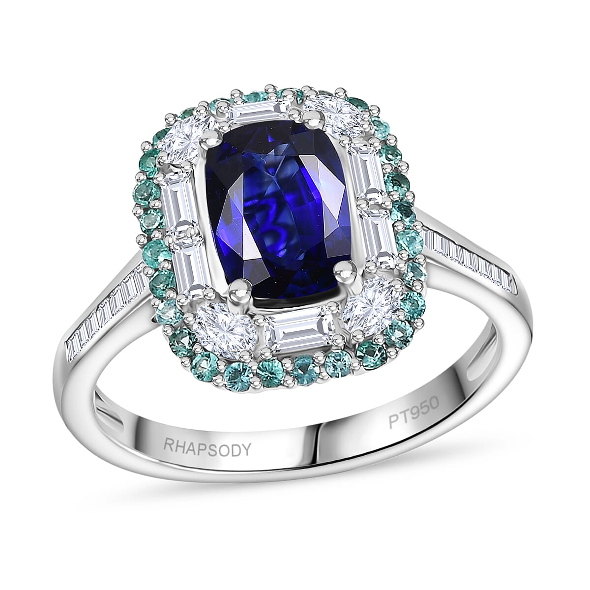 Certified & Appraised Rhapsody AAAA Ceylon Blue Sapphire, Paraiba Tourmaline and E-F VS Diamond 3.50 ctw Ring in 950 Platinum (Size 8.0) 6.80 Grams image number 0