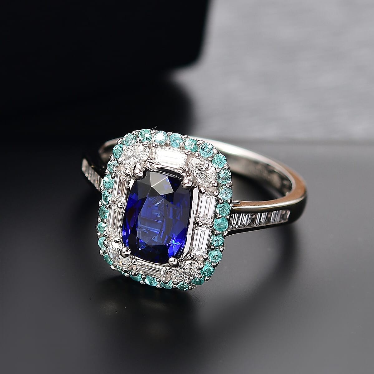 Certified & Appraised Rhapsody AAAA Ceylon Blue Sapphire, Paraiba Tourmaline and E-F VS Diamond 3.50 ctw Ring in 950 Platinum (Size 8.0) 6.80 Grams image number 1