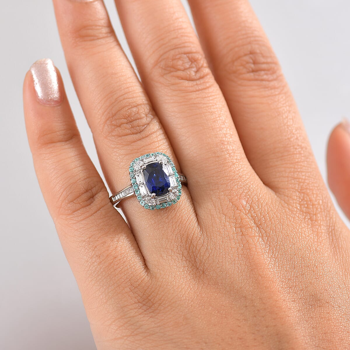 Certified & Appraised Rhapsody AAAA Ceylon Blue Sapphire, Paraiba Tourmaline and E-F VS Diamond 3.50 ctw Ring in 950 Platinum (Size 8.0) 6.80 Grams image number 2