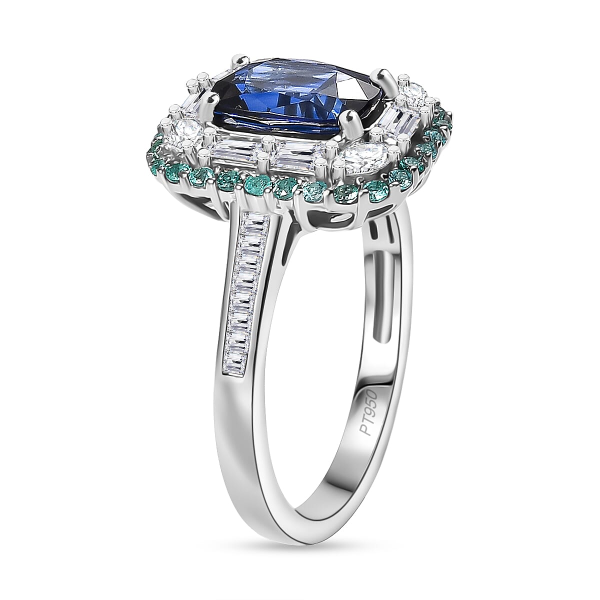Certified & Appraised Rhapsody AAAA Ceylon Blue Sapphire, Paraiba Tourmaline and E-F VS Diamond 3.50 ctw Ring in 950 Platinum (Size 8.0) 6.80 Grams image number 3