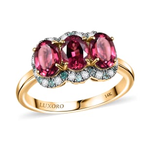 Certified & Appraised Luxoro AAA Ouro Fino Rubellite, Paraiba Tourmaline and G-H I2 Diamond 3.00 ctw Ring in 10K Yellow Gold (Size 10.0)