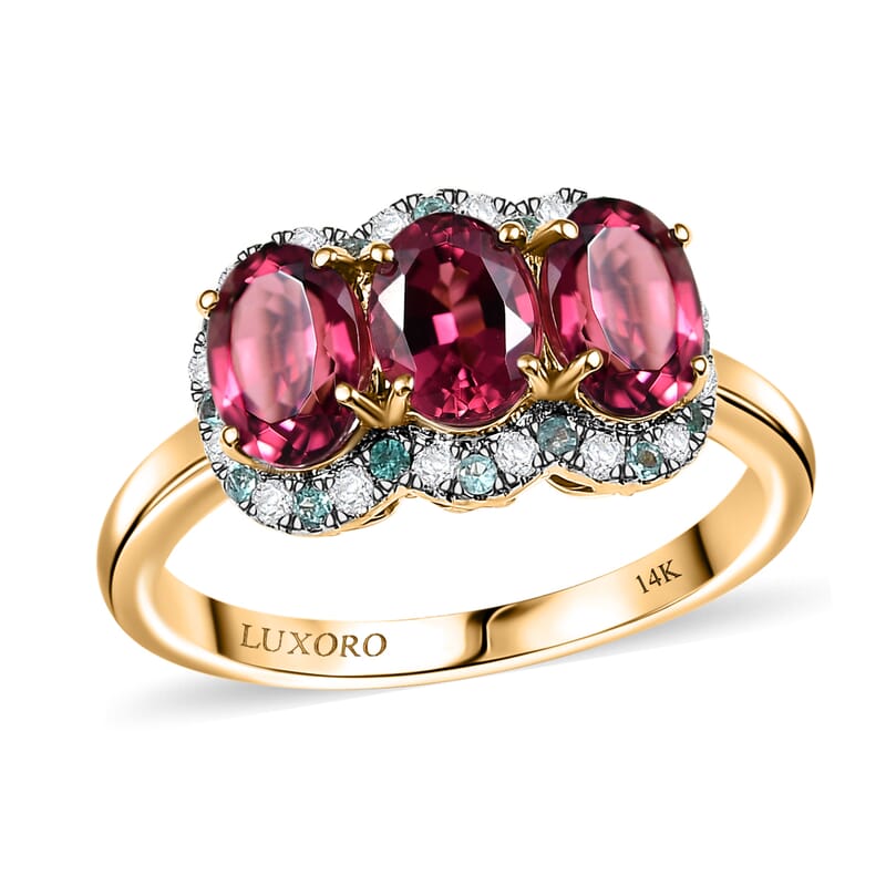 Certified & Appraised Luxoro 10K Yellow Gold AAA Ouro Fino Rubellite, Paraiba Tourmaline and Diamond (G-H, I2) (0.16 cts) Ring (Size 12.0) 3.00 ctw