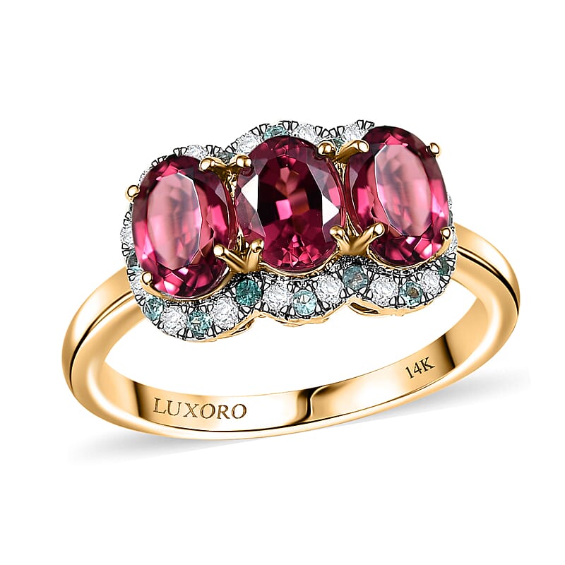 Certified & Appraised Luxoro 10K Yellow Gold AAA Ouro Fino Rubellite, Paraiba Tourmaline and Diamond (G-H, I2) (0.16 cts) Ring (Size 12.0) 3.00 ctw