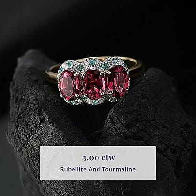 Certified & Appraised Luxoro 10K Yellow Gold AAA Ouro Fino Rubellite, Paraiba Tourmaline and Diamond (G-H, I2) (0.16 cts) Ring (Size 12.0) 3.00 ctw