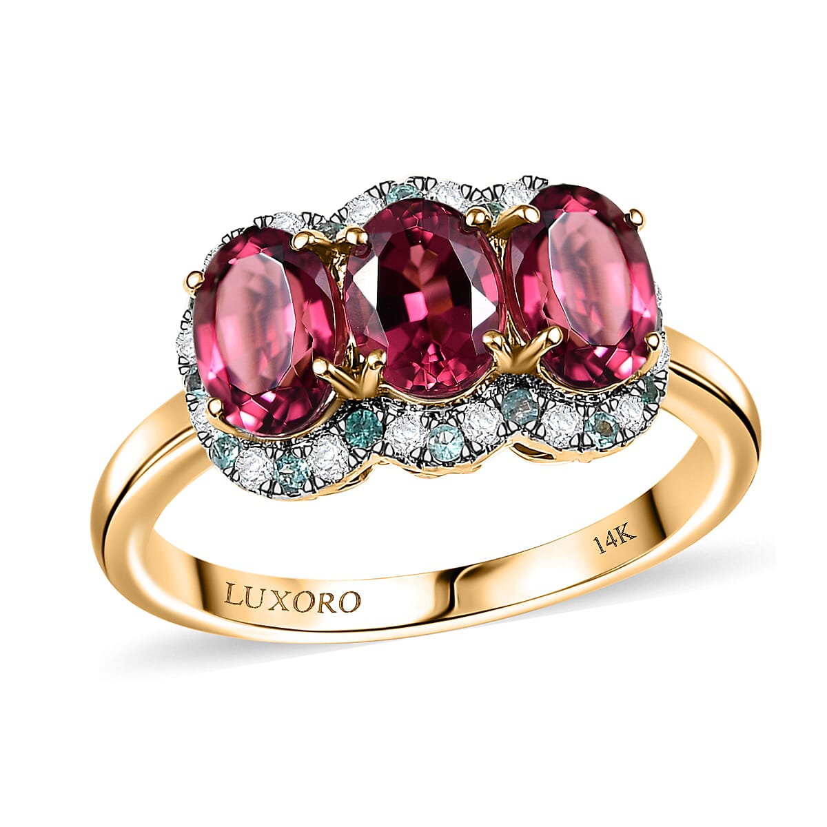Certified & Appraised Luxoro AAA Ouro Fino Rubellite, Paraiba Tourmaline and G-H I2 Diamond 3.00 ctw Ring in 10K Yellow Gold (Size 8.0) image number 0
