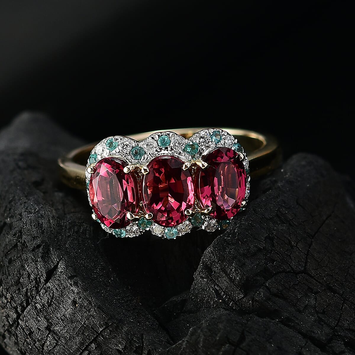 Certified & Appraised Luxoro AAA Ouro Fino Rubellite, Paraiba Tourmaline and G-H I2 Diamond 3.00 ctw Ring in 10K Yellow Gold (Size 8.0) image number 1