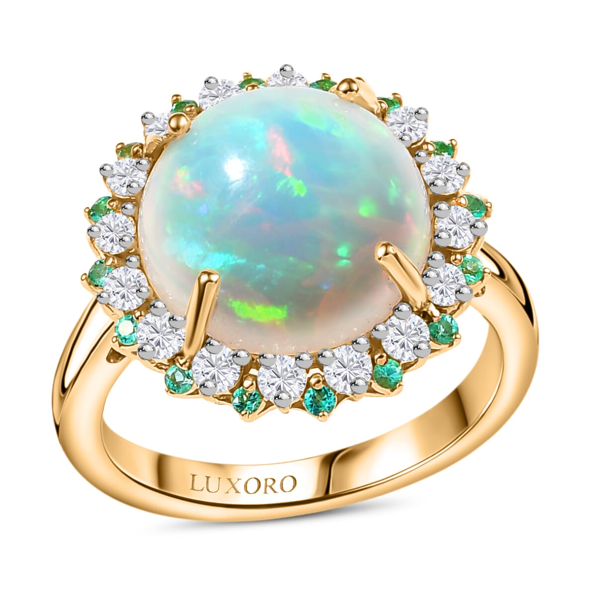 Certified & Appraised Luxoro AAA Ethiopian Welo Opal, Paraiba Tourmaline and G-H I2 Diamond 6.00 ctw Ring in 14K Yellow Gold (Size 6.0) image number 0