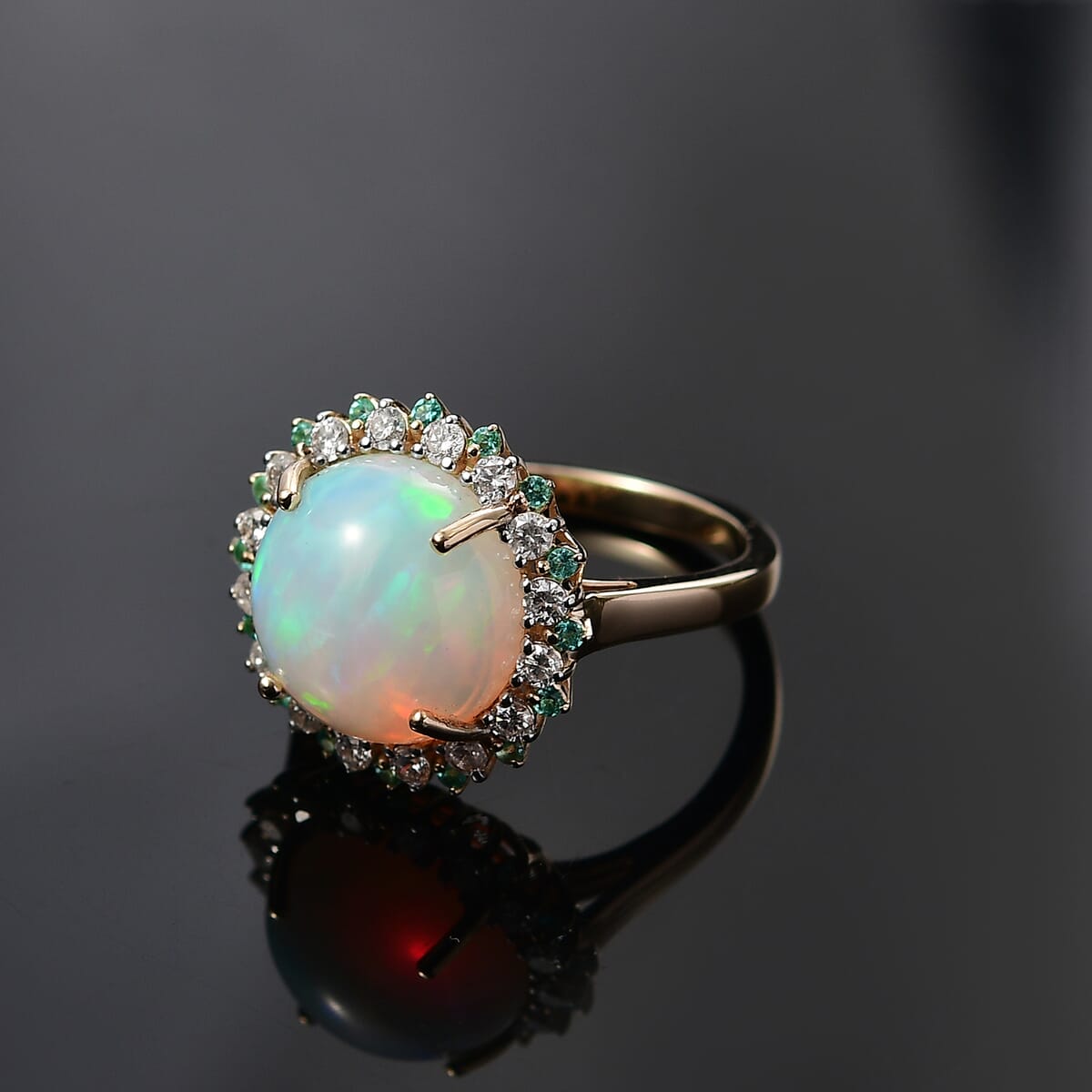 Certified & Appraised Luxoro AAA Ethiopian Welo Opal, Paraiba Tourmaline and G-H I2 Diamond 6.00 ctw Ring in 14K Yellow Gold (Size 6.0) image number 1