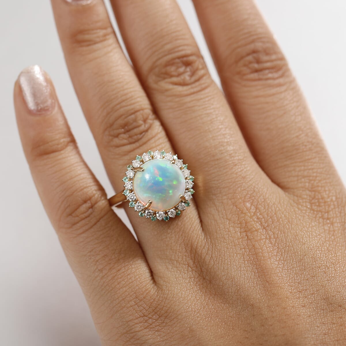 Certified & Appraised Luxoro AAA Ethiopian Welo Opal, Paraiba Tourmaline and G-H I2 Diamond 6.00 ctw Ring in 14K Yellow Gold (Size 6.0) image number 2