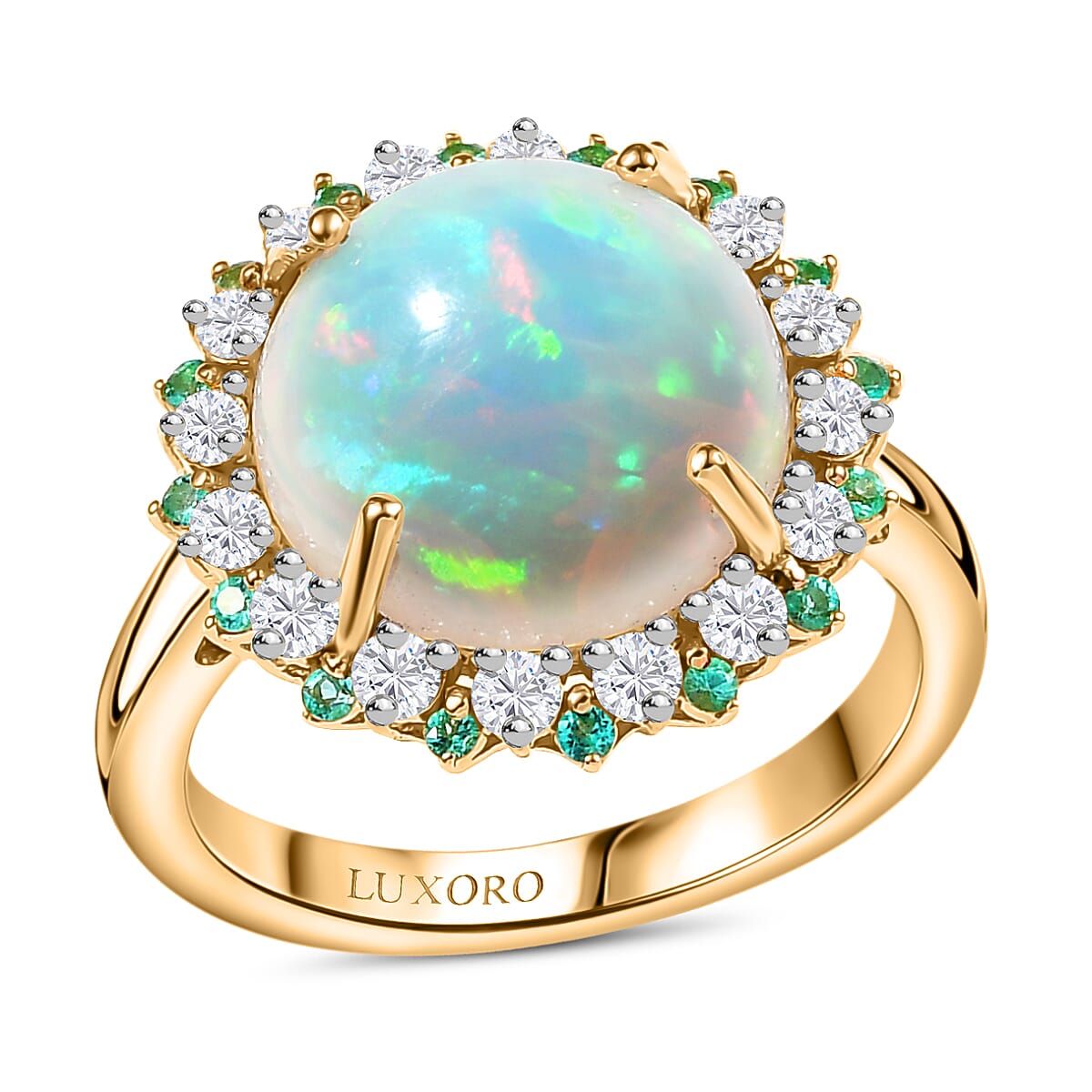 Certified & Appraised Luxoro AAA Ethiopian Welo Opal, Paraiba Tourmaline and G-H I2 Diamond 6.00 ctw Ring in 14K Yellow Gold (Size 8.0) (Del. in 10-12 Days)  image number 0