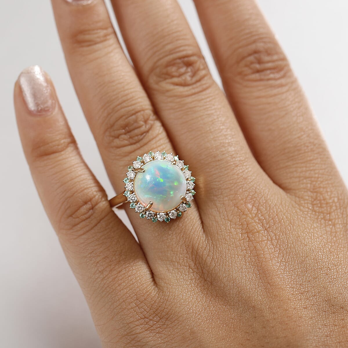 Certified & Appraised Luxoro AAA Ethiopian Welo Opal, Paraiba Tourmaline and G-H I2 Diamond 6.00 ctw Ring in 14K Yellow Gold (Size 8.0) (Del. in 10-12 Days)  image number 2