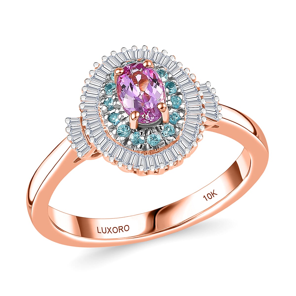 Luxoro 10K Rose Gold AAA Imperial Topaz, Paraiba Tourmaline and Diamond (G-H I2) (0.33 cts) Ring (Size 11.0) 1.00 ctw image number 0