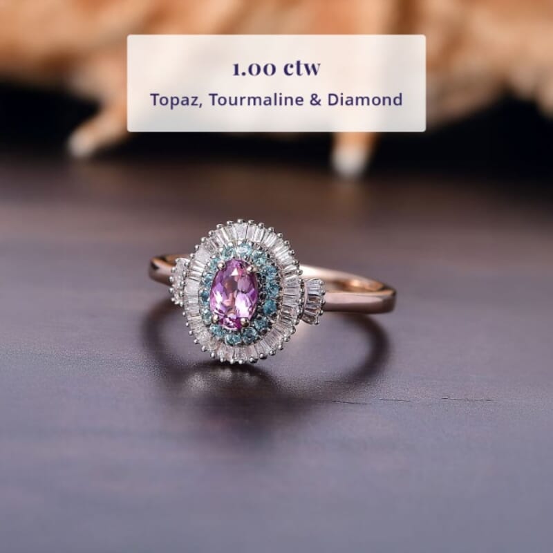 Luxoro 10K Rose Gold AAA Imperial Topaz, Paraiba Tourmaline and Diamond (G-H I2) (0.33 cts) Ring (Size 5.0) 1.00 ctw