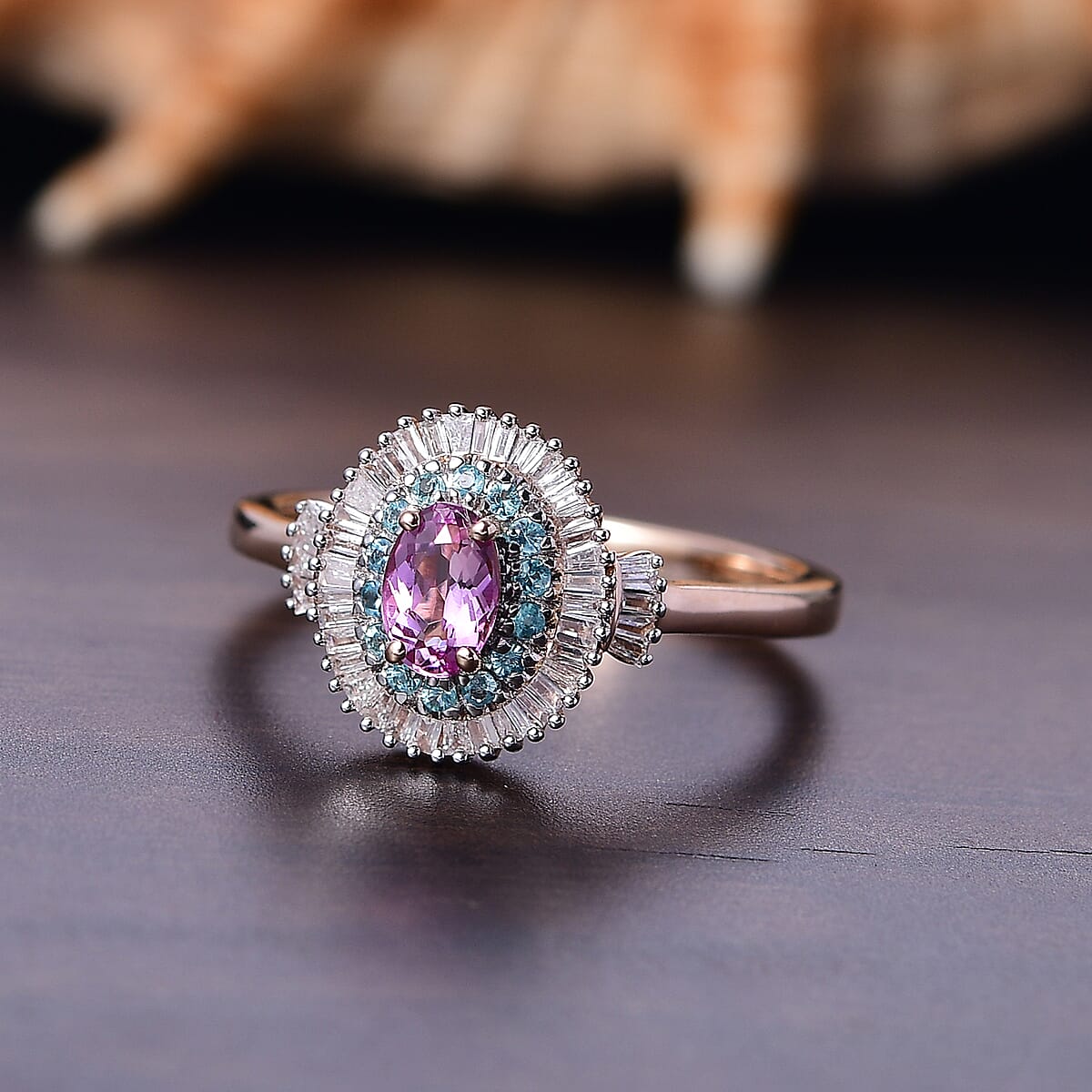 Luxoro 10K Rose Gold AAA Imperial Topaz, Paraiba Tourmaline and Diamond (G-H I2) (0.33 cts) Ring (Size 6.5) 1.00 ctw image number 1