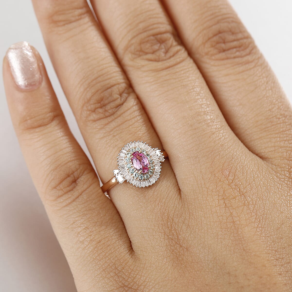 Certified & Appraised Luxoro AAA Imperial Topaz, Paraiba Tourmaline and G-H I2 Diamond 1.00 ctw Ring in 10K Rose Gold (Size 8.0) image number 2