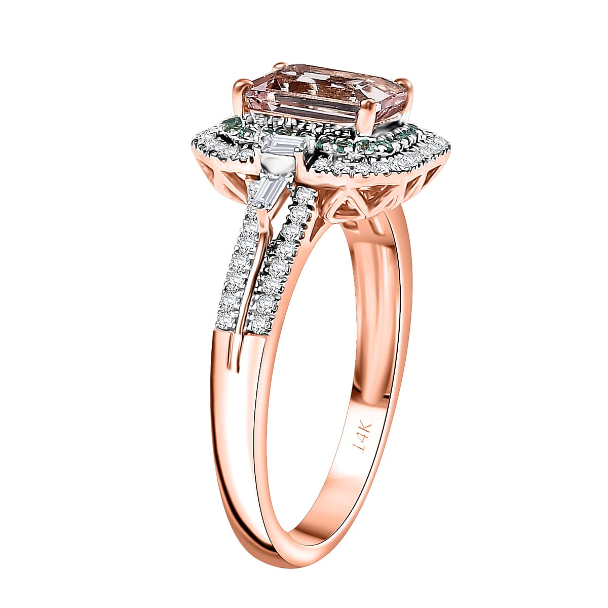 Certified & Appraised Luxoro AAA Pink Morganite, Paraiba Tourmaline and G-H I2 Diamond 2.26 ctw Ring in 14K Rose Gold (Size 5.0) image number 3