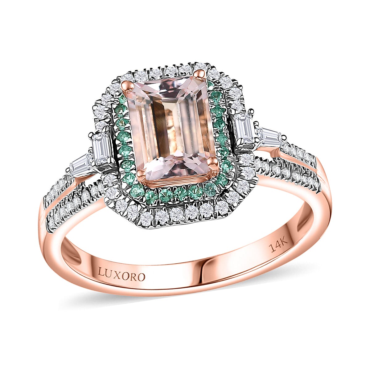 Certified & Appraised Luxoro AAA Pink Morganite, Paraiba Tourmaline and G-H I2 Diamond 2.26 ctw Ring in 14K Rose Gold (Size 7.5) image number 0