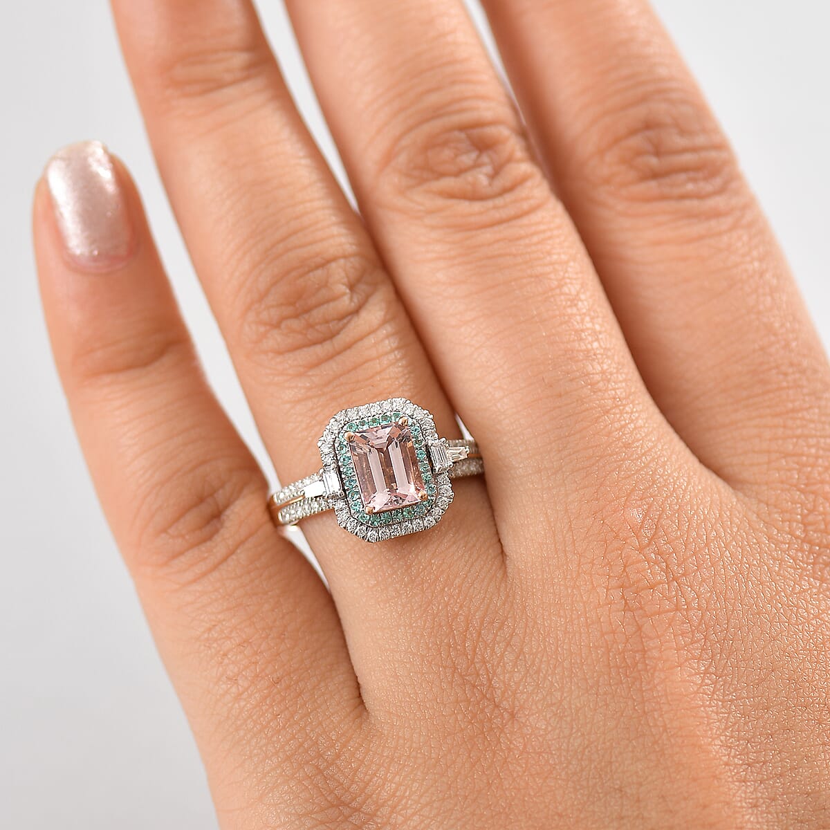 Certified & Appraised Luxoro AAA Pink Morganite, Paraiba Tourmaline and G-H I2 Diamond 2.26 ctw Ring in 14K Rose Gold (Size 7.5) image number 2
