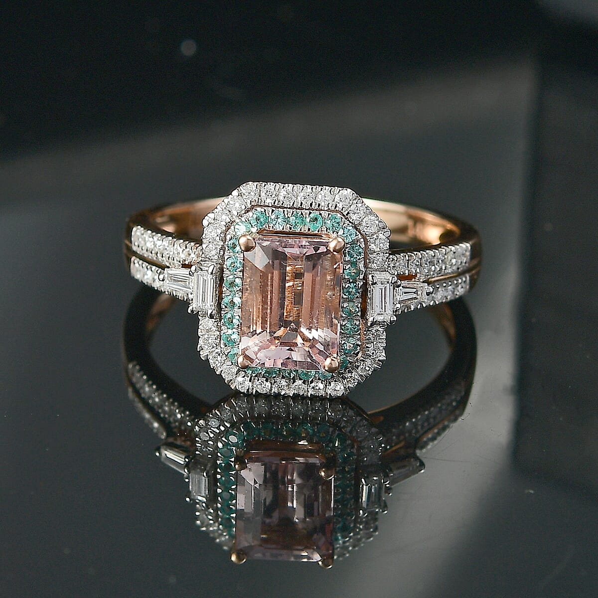 Certified & Appraised Luxoro AAA Pink Morganite, Paraiba Tourmaline and G-H I2 Diamond 2.26 ctw Ring in 14K Rose Gold (Size 8.0) image number 1
