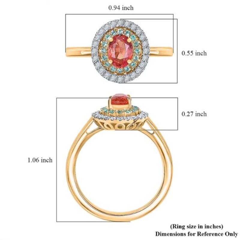 Certified & Appraised Luxoro 14K Yellow Gold AAAA Padparadscha Sapphire, Paraiba Tourmaline and Diamond (G-H, I2) (0.22 cts) Ring (Size 10.0) 1.60 ctw