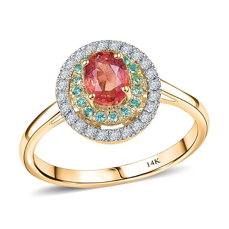 Certified & Appraised Luxoro 14K Yellow Gold AAAA Padparadscha Sapphire, Paraiba Tourmaline and Diamond (G-H, I2) (0.22 cts) Ring (Size 5.0) 1.60 ctw