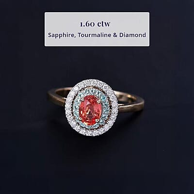 Certified & Appraised Luxoro 14K Yellow Gold AAAA Padparadscha Sapphire, Paraiba Tourmaline and Diamond (G-H, I2) (0.22 cts) Ring (Size 5.0) 1.60 ctw