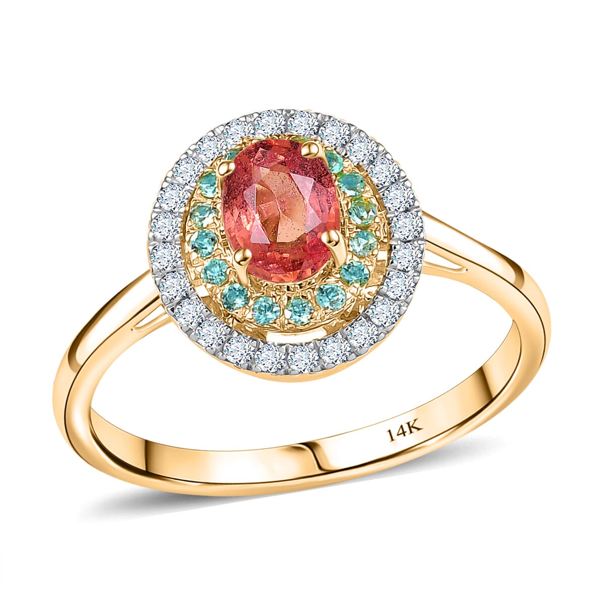Certified & Appraised Luxoro 14K Yellow Gold AAAA Padparadscha Sapphire, Paraiba Tourmaline and Diamond (G-H, I2) (0.22 cts) Ring (Size 6.0) 1.60 ctw image number 0