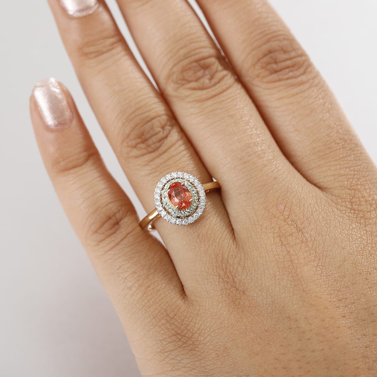 Certified & Appraised Luxoro 14K Yellow Gold AAAA Padparadscha Sapphire, Paraiba Tourmaline and Diamond (G-H, I2) (0.22 cts) Ring (Size 6.0) 1.60 ctw image number 2