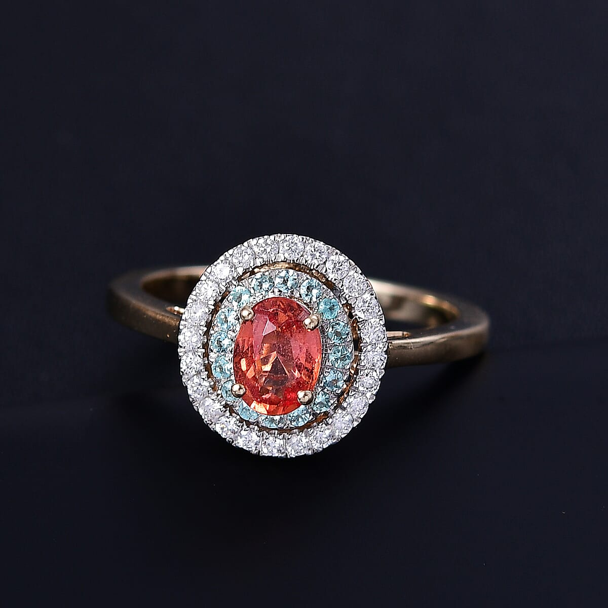 Certified & Appraised Luxoro AAAA Padparadscha Sapphire, Paraiba Tourmaline and G-H I2 Diamond 1.60 ctw Ring in 14K Yellow Gold (Size 7.0) image number 1