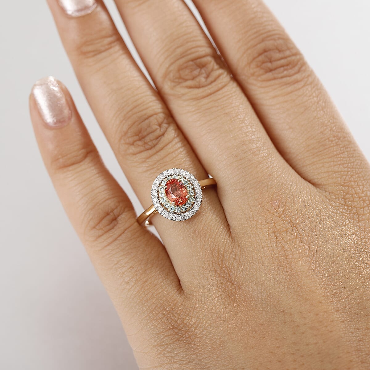 Certified & Appraised Luxoro AAAA Padparadscha Sapphire, Paraiba Tourmaline and G-H I2 Diamond 1.60 ctw Ring in 14K Yellow Gold (Size 7.0) image number 2