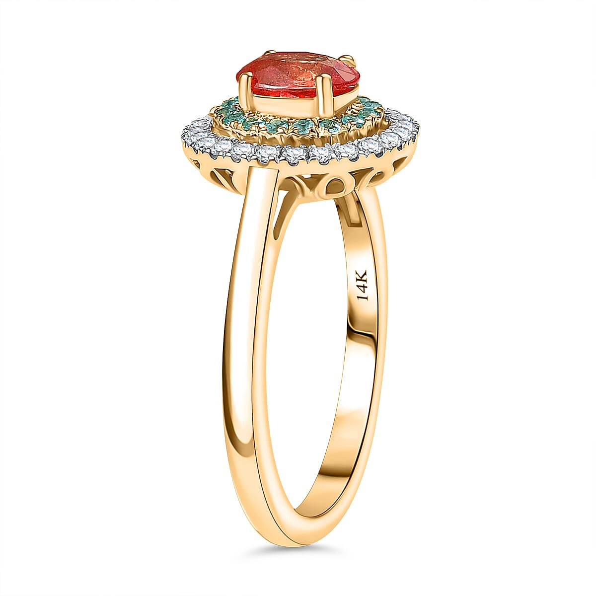 Certified & Appraised Luxoro AAAA Padparadscha Sapphire, Paraiba Tourmaline and G-H I2 Diamond 1.60 ctw Ring in 14K Yellow Gold (Size 7.0) image number 3