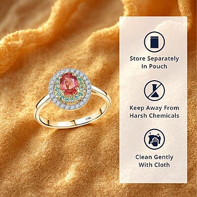 Certified & Appraised Luxoro AAAA Padparadscha Sapphire, Paraiba Tourmaline and G-H I2 Diamond 1.60 ctw Ring in 14K Yellow Gold (Size 7.0)