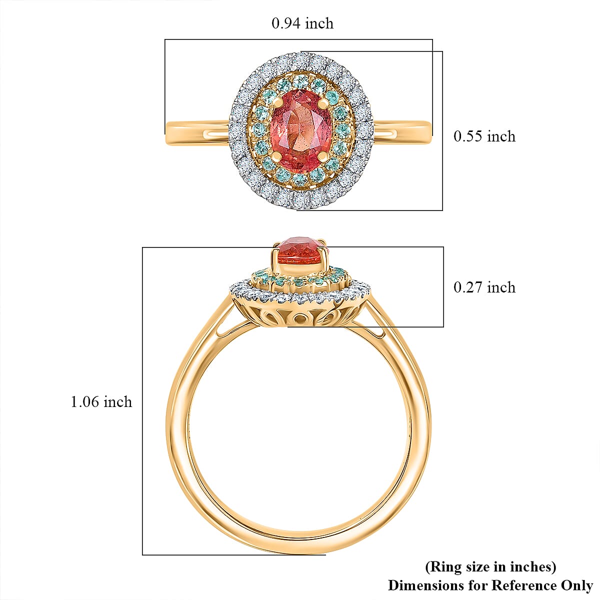 Certified & Appraised Luxoro AAAA Padparadscha Sapphire, Paraiba Tourmaline and G-H I2 Diamond 1.60 ctw Ring in 14K Yellow Gold (Size 7.0) image number 5