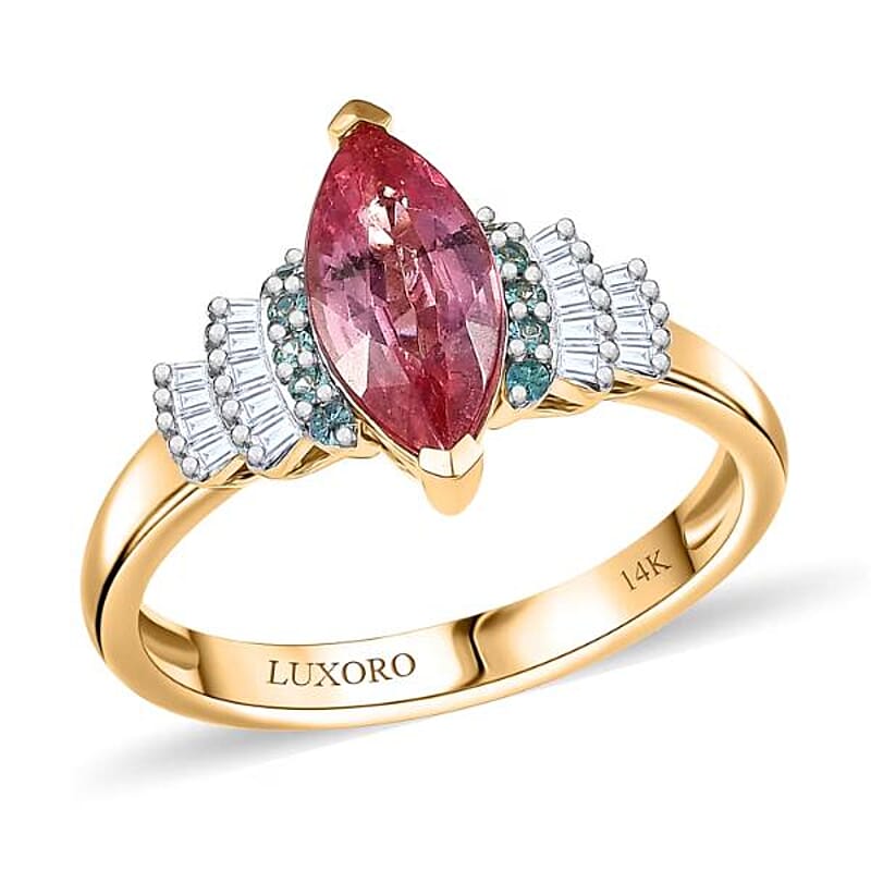 Certified & Appraised Luxoro 14K Yellow Gold AAAA Padparadscha Sapphire, Paraiba Tourmaline and Diamond (G-H, I2) Ring (Size 10.0) 2.00 ctw