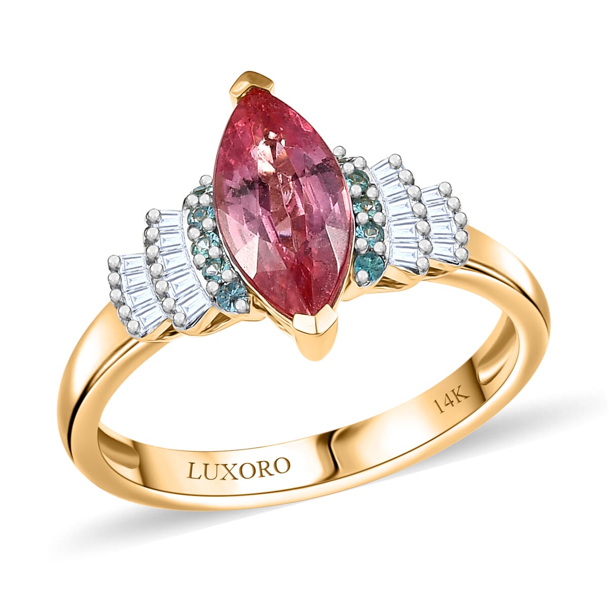 Certified & Appraised Luxoro 14K Yellow Gold AAAA Padparadscha Sapphire, Paraiba Tourmaline and Diamond (G-H, I2) Ring (Size 7.0) 2.00 ctw image number 0