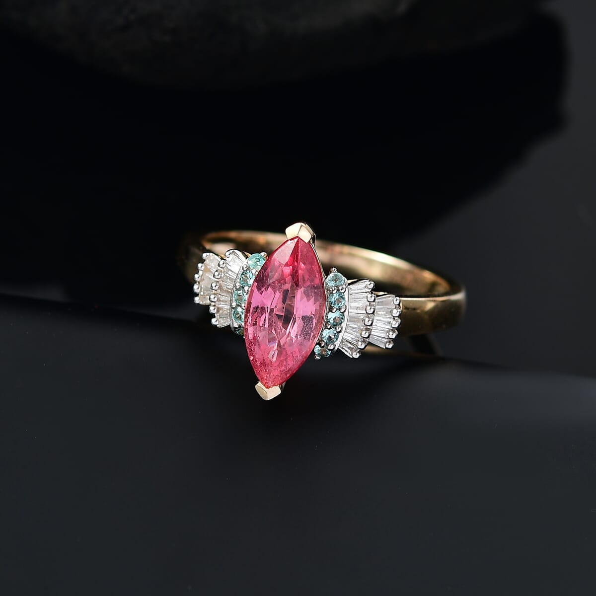 Certified & Appraised Luxoro 14K Yellow Gold AAAA Padparadscha Sapphire, Paraiba Tourmaline and Diamond (G-H, I2) Ring (Size 7.0) 2.00 ctw image number 1